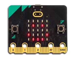micro:bit board with a smiley face on its LED lights