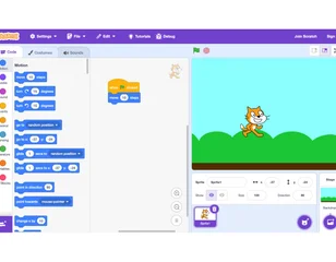 Scratch coding editor with code blocks and the Scratch cat